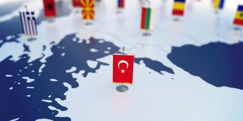 Flag of Turkey in focus among other European countries flags. Europe marked with table flags 3d rendering